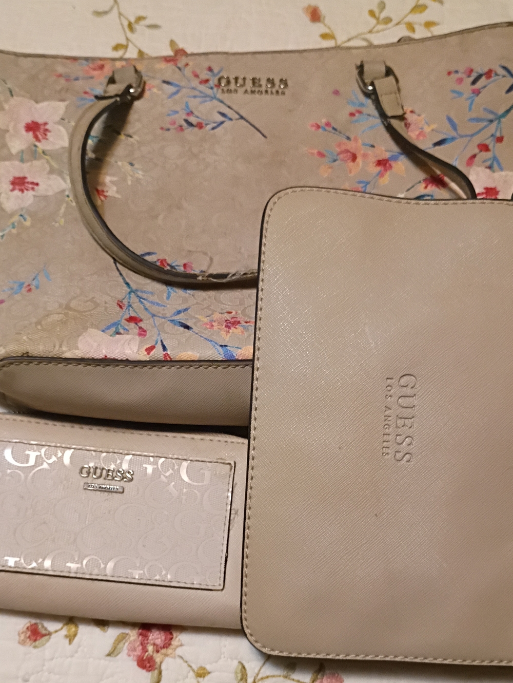 GUESS Floral Beige Tote with Matching Beige Pouch and Wallet Set
